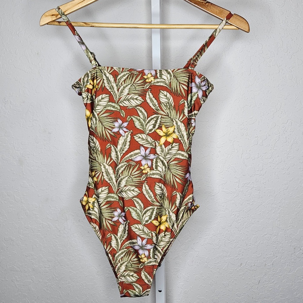 Aeropostale Womens Tropical Floral Lace Up Side‎ One Piece Swimsuit Rust Medium